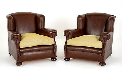 Pair Leather Club Chairs Victorian Antiques 1900 • $3770