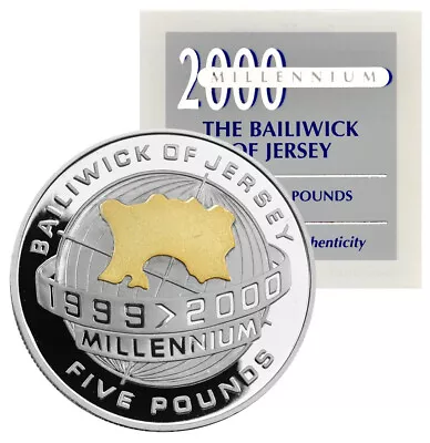 JERSEY 5 Pounds 2000 Silver Gilded Proof 'Millennium- Island Map On Globe' W/CoA • $47.34