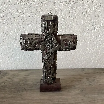 Vintage Mexican Milagros Wooden Cross Rustic Metal Charms Figures Wall Hanging • $55.45