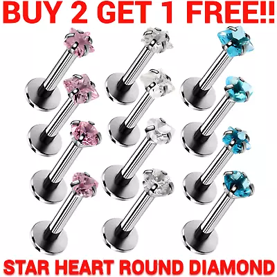 CZ Labret Monroe Tragus Bar Helix Cartilage Lip Ear Stud Ring Gem Piercing Star • £2.19