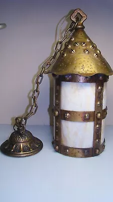 Large Arts & Crafts Mission Gothic Light Fixture With Slag Glass Panels • $350