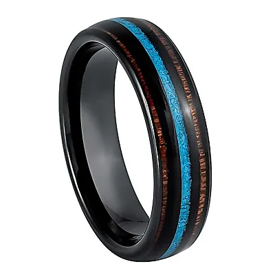 Black IP 6mm Women's Tungsten Carbide Ring Koa Wood And Crushed Turquoise Inlay • $47
