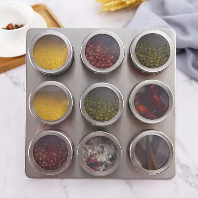 Stainless Steel Magnetic Spice Jars Herb Tins Holder Storage Container W/ Rack • £10.95