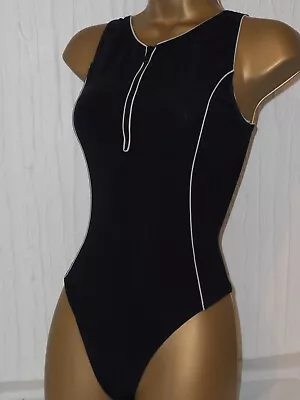 Black / White Zip Up Clip Back Swimsuit Size 10 Ladies Swimwear • £4.99
