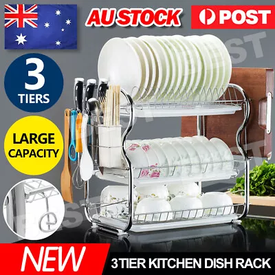 3 Tier Kitchen Dish Rack Plate Cup Drying Drainer Tray Cutlery Holder Storage • $24.95