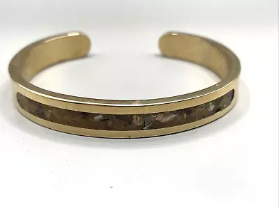 Gold-Tone Skinny Cuff Bracelet Bangle Abalone Shell Inlay Vintage Jewelry • $14.98