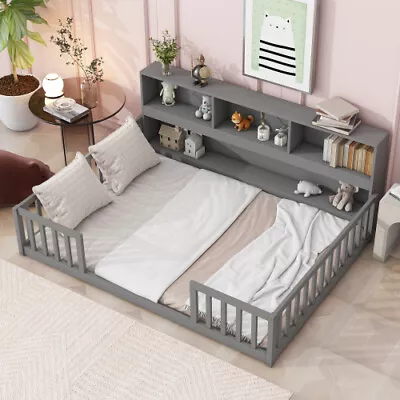 Wood Platform Bed W/ Storage Bookcase Twin Full Size Montessori Floor Bed Frames • $309.99