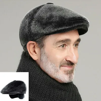 Men Faux Mink Fur Flat Cap Beret Newsboy Hat Ear Flaps Warm Retro Grey/Black • $21.55