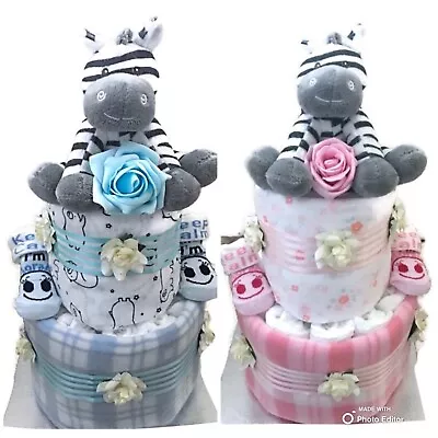 Luxury Zebra Two Tier Nappy Cake Baby Shower Gift For Newborn Baby Boy Girl • £29.95