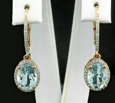 2Ct Oval Aquamarine Diamond Women's Drop Dangle Earrings 14K Yellow Gold Plated • $140.99