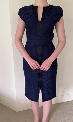 $180 • Buy Navy Blue Lace Dress SCANLAN THEODORE Knee Lenght Sz 12 Cap Sleeve