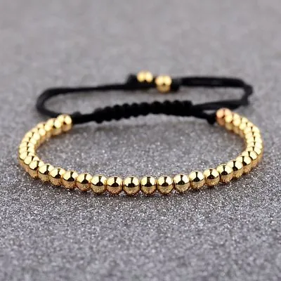 24K Gold Plated Micro Pave New Charm Black CZ Bead Braiding Macrame Men Bracelet • $1.89