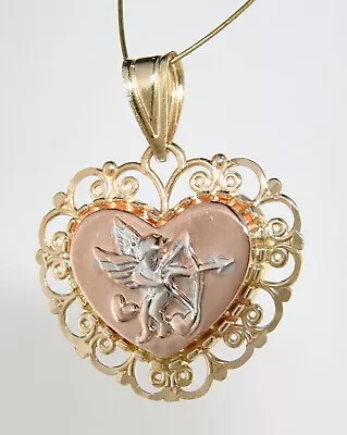 14k Tritone Dainty Heart Shaped Pendant With Cupid Motif • $75