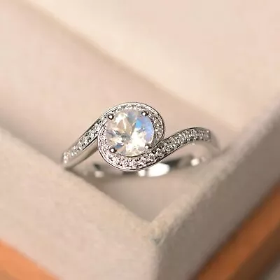 Natural Blue Moonstone Ring Brilliant Cut Ring Halo Ring Engagement Ring • $199