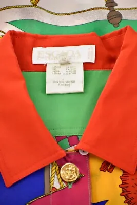 Vintage ESCADA 100% Silk Blouse Shirt In Multi-Colored Flag Print Sz 10/40 DE • $139.99