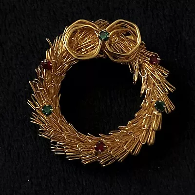 Vintage Christmas Wreath Goldtone Rhinestone Brooch Pin  • $7.87