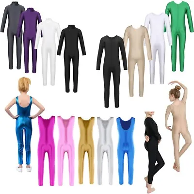 Girls Long Sleeve Gymnastics Ballet Dance Catsuit Kids Shiny Bodysuits Dancewear • £2.69