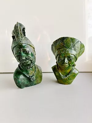 Vintage Shona Green Verdite Hand Carved African Couple Bust Sculptures • $199