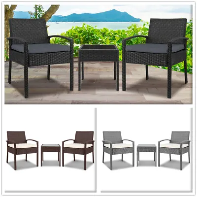$239 • Buy 3 Piece Outdoor Setting Furniture Sofa Cushion Seat Rattan Chair Glass Table Top