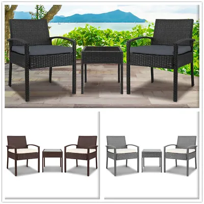 3 Piece Outdoor Setting Furniture Sofa Cushion Seat Rattan Chair Glass Table Top • $264