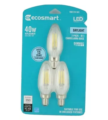 Ecosmart LED 40W B11 Dimmable Candelabra Base Daylight 3 Pack Vintage Filament • $7.18