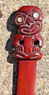 Maori Tiki New Zealand Wooden Letter Opener Carved Wood Shell Eyes • $19.99
