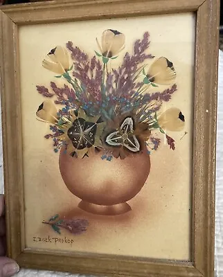 Vintage Folk Art Feather & Flower Picture Craft Signed Ida Bisek Prokop • $34.99