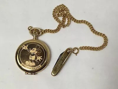 Disney Mickey Mouse Pulsar Quartz Gold Tone Pocket Watch With 13  Chain Knife • $39.50