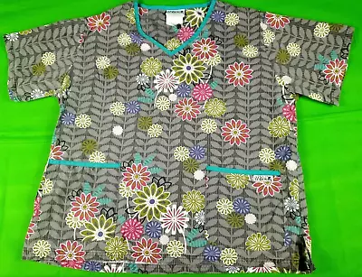 UA Scrubs Gray Floral Print Women's 2 Pocket Scrub Top Size L • $15