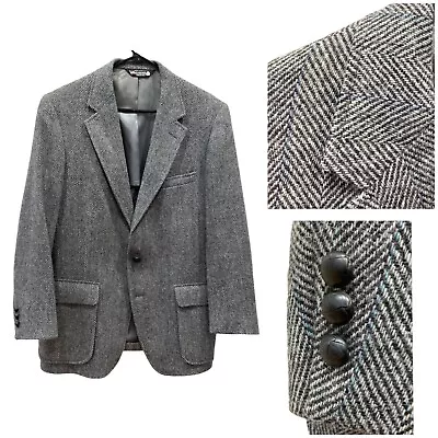 44R Blazer Suit Coat Sport Jacket Mens Tweed Herringbone Black Gray Blue Vintage • $63.50