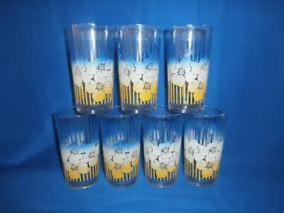 Vintage Libbey (?) 5  Drinking Glasses BLUE & YELLOW Flower Pattern Set Of 7 • $19.95