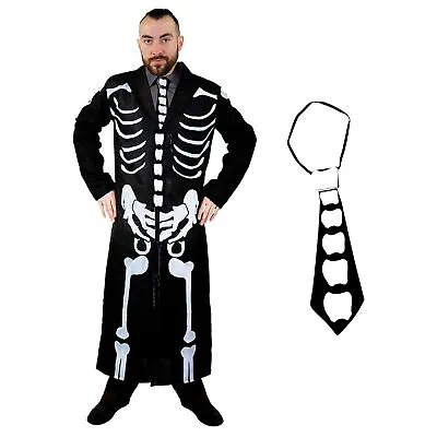 James Bones Costume Mens Long Skeleton Coat And Tie Bone Print Fancy Dress • £28.89