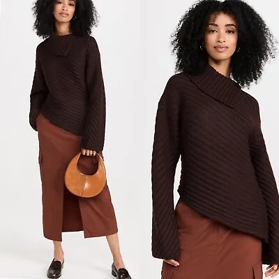 STAUD Brown Engrave Merino Wool Asymetrical Sweater Dark Chocolate Brown Sz S • $180
