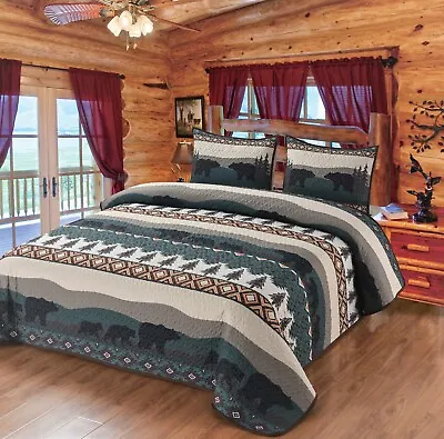 Bear Moose Mountain Forest Cabin Lodge RV Quilt Bedding Set Bedspread Coverlet • $72.50