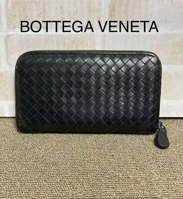 Bottega Veneta Intrecciato Round Zip Black Genuine Leather Long Wallet • $287.66