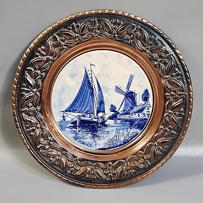 Vintage Delft Blue Hand Painted Porcelain 11 3/4  Copper Plate Hanging Holland • £24.12