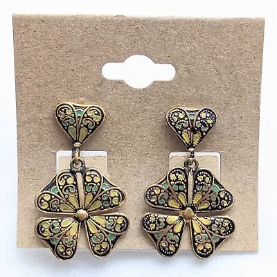 Antique Cloisonné Shamrock Earrings Screw Back Irish Celtic Jewelry • $36