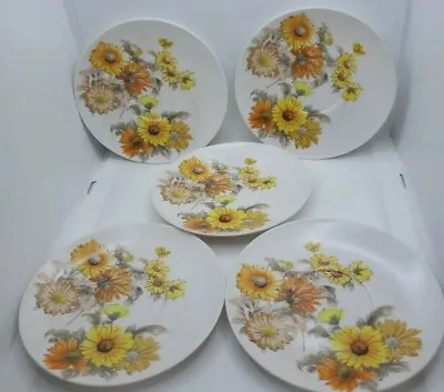 Set Of 5 Vintage Oneida Deluxe 2120 Melamine Daisy Orange Yellow Saucers Plates • $12.95