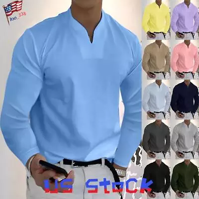 Mens Long Sleeve V Neck Casual Plain T-shirt Work Blouse Tops Tunic Plus Size • $20.79