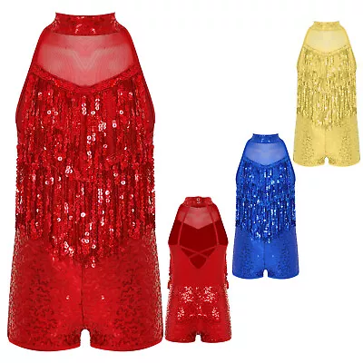£21.69 • Buy Kid Girl Sleeveless Shiny Tassel Jazz Dance Leotard Jumpsuit Latin Samba Costume