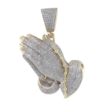 $1599.99 • Buy Yellow Gold Diamond Praying Hands With Rosary Pendant - 10k 4.00ctw Faith Bling