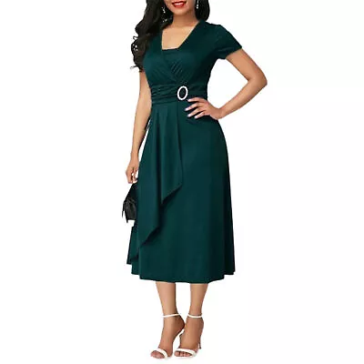 Party Dress Neck Pleated Women High Waist Pleated Dress Elegant • $27.14