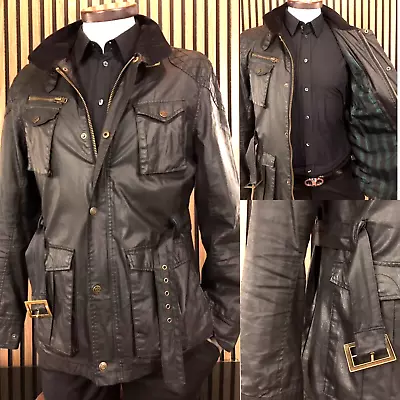 River Island Waxed Jacket L Linen Cotton Black Military Cargo Coat Field Long • $73.95