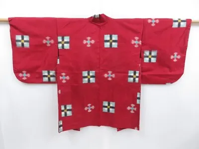 3711T12z350 Vintage Japanese Kimono Silk MEISEN HAORI Kasuri Dark Red • $37