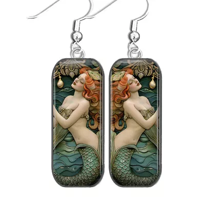 Mermaid Earrings Fantasy Folklore Art Nouveau Art Print Sterling Silver • $12.95