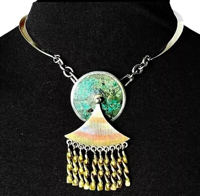 Mexican Mid-Century Modernist Mixed Metals Kinetic Necklace W/ Stone Inlay • $185