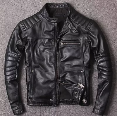 Men’s Leather Jacket Motorcycle Biker Black Cafe Racer Genuine Sheep Leather • $119