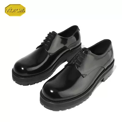 Firenze Atelier Men's Black Leather Round Toe Derby Shoes Platform Shoes Vibram • $198.99