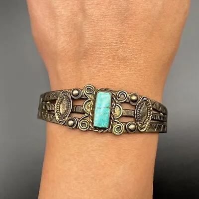 Vintage Navajo Turquoise Hand Stamped Silver Bracelet Cuff 7-1/8  • $685