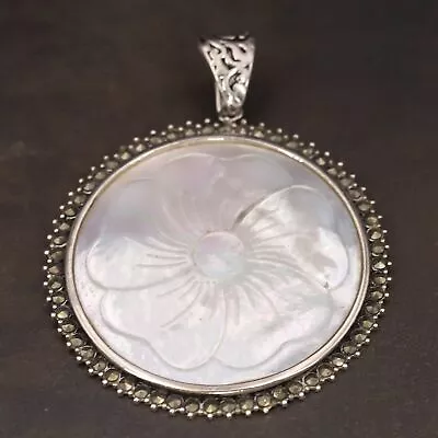 VTG Sterling Silver SIGNED BBJ White MOP & Marcasite Flower Necklace Pendant 25g • $2.99